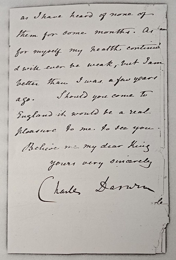 Charles Darwin letter to P G King 1869
